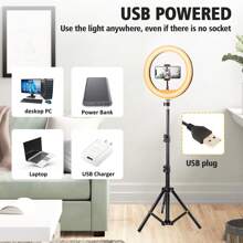 10 Inch Tri Color LED Ring Light With 110cm Tripod, USB Power Supply, Adjustable Brightness, Christmas LED Light With Flexible Phone Clip And Phone Filling Light Holder, Used For Photo Selfies, Video Recording Zoom Meetings, Handheld Selfies, Outdoor Activities, Interviews, Live Broadcasts, Video Recording LED Light With Flexible Tripod And Phone Holder, Suitable For IPhone Android Phones, No Battery Required - màu đen - Xem 5