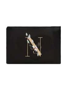 A Black Makeup Bag With The Initials A~Z Printed On It, Featuring A Green Leaf Pattern Print,Cosmetic Bag,Portable Wash Bag,Teacher's Day Gift, Reusable Makeup Bag, Women's Simple And Large Capacity Travel Makeup Bag