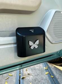 1pc Hanging Bowknot Car Garbage Can, Dust Box Storage Box Black ABS Square Stamping Trash Can, Waterproof Garbage Bin - one-size - View 4