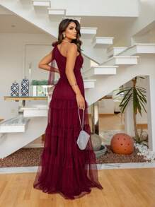 Long Party Dress Three Marias Tulle Ruffle Zero Sleeve One Shoulder Bridesmaid Prom Elegant Event Guest Birthday Debutante - 酒紅色 - 查看 3