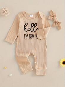 Newborn Baby Girls Rompers Knit Round Neck Long Sleeve Infant Fall Jumpsuits With Headband Coming Home Outfit - 杏色 - 查看 3