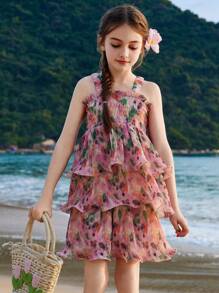 ASK JUNIOR Tween Girls Summer Ruffle Trim Vacation Princess Style Dress