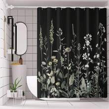 1pc Black Floral Shower Curtain With C-Type Hooks - Waterproof, Machine Washable, And Seasonal Home Bathroom Decor Fall Decor Bathroom Accessories Back To School