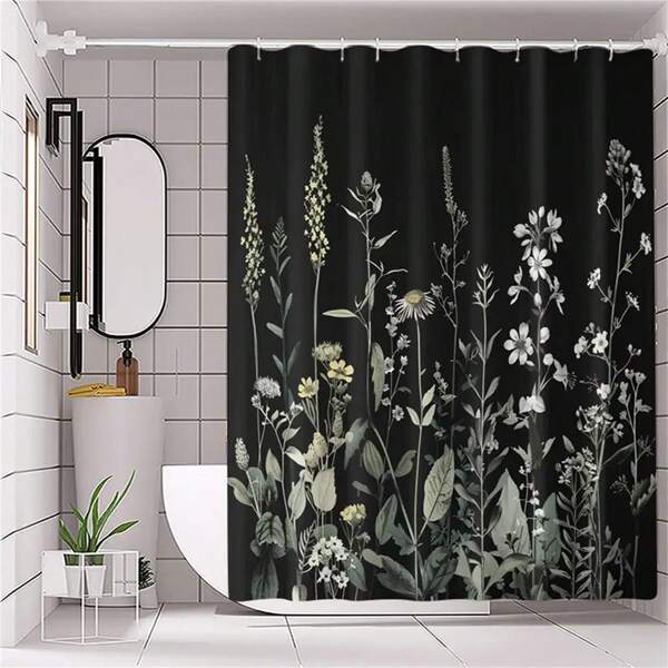 Cortina de chuveiro floral preta com ganchos tipo C - 1 peça - à prova d'água, lavável à máquina e sazonal - Decoração de banheiro para casa - Acessórios de banheiro - De volta às aulas