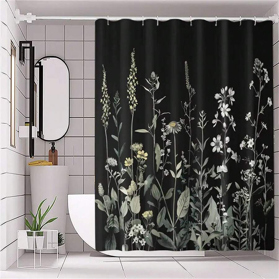 1pc Black Floral Shower Curtain With C-Type Hooks - Waterproof, Machine Washable, And Seasonal Home Bathroom Decor Fall Decor Bathroom Accessories Back To School