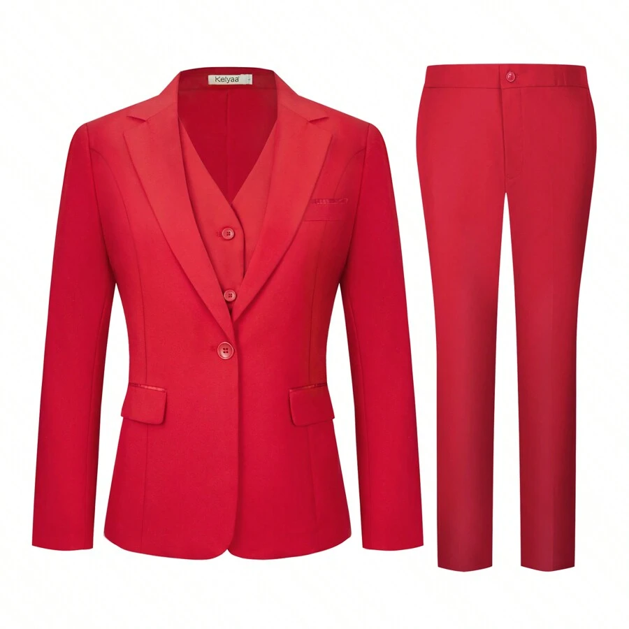 KELYAA Women's 3 Piece Suit Lady Business Casual Office One Button Slim Fit Blazer Jacket Vest Pants Set - 紅色 - 查看 1