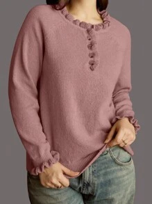 Women's Sweater Long Sleeve Button Ruffled Round Neck Elegant Knitted Spring Fall Winter KintwearPullover Top Blouse