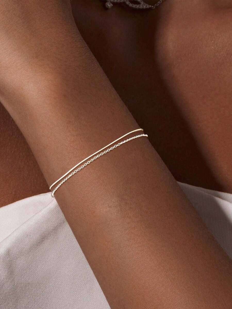 1 pièce Bracelet chaîne délicat à double couche en argent sterling 925, design raffiné et élégant de niche, accessoire de bijouterie - Bracelet - Voir 1