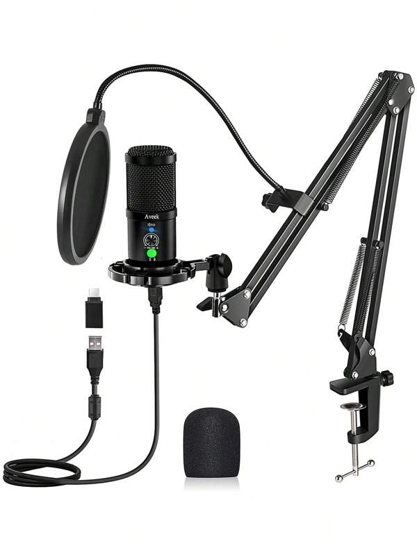 Kit de microphone de podcast à condensateur USB, microphone Aveek pour enregistrement/jeu en studio de musique, microphone de streaming avec sourdine/réactivation, microphone avec bras de perche, pour PC et téléphone, enregistrement de jeux karaoké