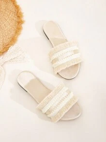 Wide Fit Beige Satin Fabric Fuzzy Ball Tassel Decor Bohemian, Vacation Retro Style Plus Size Flat Sandals For Women, Fuzzy Ball Tassel Decor Length And Quantity Random