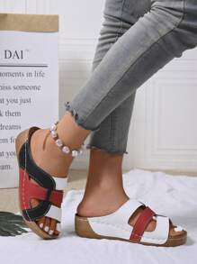 Sandalias de plataforma de primavera/verano 2025 para mujer, diseño de color block retro, suela gruesa, sandalias casuales para exteriores de punta abierta - Rojo - Ver 6