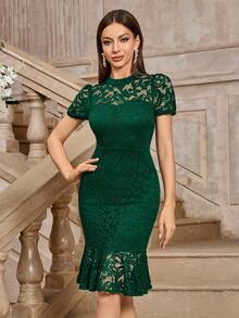 MIUSOL Vintage Mock Neck Floral Lace Puff Sleeve Cocktail Party Bodycon Dress - Dark Green - View 4