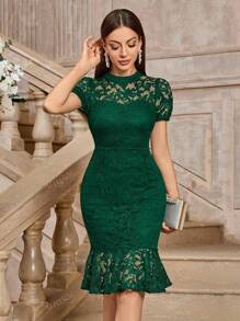MIUSOL Vintage mock neck bloemenkant pofmouw cocktailparty bodycon jurk