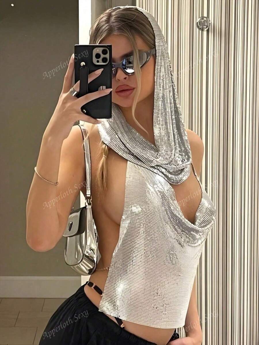 Rave Street 2Pcs Metallic Argent Draped Collar Chain Tie Back Backless Party Club Crop Halter Top With Hat Music Festival