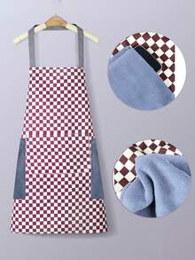 Sleeveless Apron With Large Pocket,Waterproof,Plaid Design,Easy To Clean,Perfect For Home - 紅色 - 查看 2