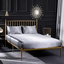 4-Teiliges Doppelbettlaken-Set, 1 X Spannbettlaken Einfarbig 180x200 Cm Mit 1 X Flachem Laken Und 2 X Kissenbezügen, Satinbettwäsche, Schwarz - 銀 - 查看 2