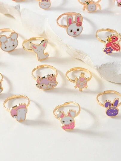 Set de 26 anillos ajustables de aleación de zinc para niños/niñas, de diseños variados, joyería infantil para uso diario, juegos de disfraces, regalo de cumpleaños, sin caja