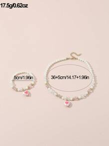2pcs Set Sweet Faux Pearl Heart Duck Pendant Necklace & Bracelet Jewelry Set, Gift For Girls