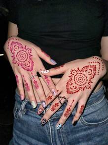 6件套海娜手部模板染料膏套装（2对左右手模板+2瓶纹身染料膏）多图案男女通用临时纹身手绘防水假纹身模板套装 - 彩色 - 查看 2