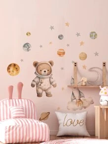1pc Cute Cartoon Astronaut Bear, Rocket Spaceship Self-Adhesive Wall Sticker, Nursery Kids Room Decor, Jungle Green Plant Tiger Wall Decal, Vintage Lamp Flower Wall Sticker, Panda Drinking Coffee Wall Decal, Girls/Boys Room Decor, Kids Room, Nursery Stickers - Multicolor - View 4