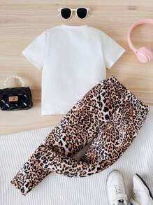 Chatreadl Conjunto de 2 piezas para niñas jóvenes, con camiseta de manga corta con estampado de dibujos animados de moda y pantalones acampanados con estampado de leopardo, adecuado para uso al aire libre en primavera, verano y otoño
