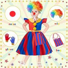 Circus Costume For Girls, 15count Kids Cosplay Clown Costume Set With Rainbow Clown Wig, Clown Nose, Rainbow Bag, Whistles Toys, Children's Halloween Carnival Costumes Girls Cosplay Clown Outfit - Multicolor - View 5