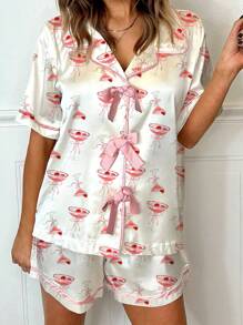 Women Cute Two Piece Pajama Set Y2K Goblet/Western Cowboy Boots/Bow Printed Short Sleeve Bow Tie Front Button Shirts Wide Leg Shorts Pjs Set Preppy Matching Lounge Sets Aesthetic Summer Casual Loungewear Martini Sleepwear Outfit - Hồng - Xem 3