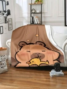 Soft Flannel Cartoon Capybara With Duck Print Throw Blanket - Digital Print Reversible Polyester Flannel, All-Season Cozy Blanket For Home Office Nap, Contemporary Style – Gift For Family And Friends
