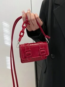 迷你时尚拼色手提包女士 2024 新款时尚单肩斜挎小方包 - 紅色 - 查看 3