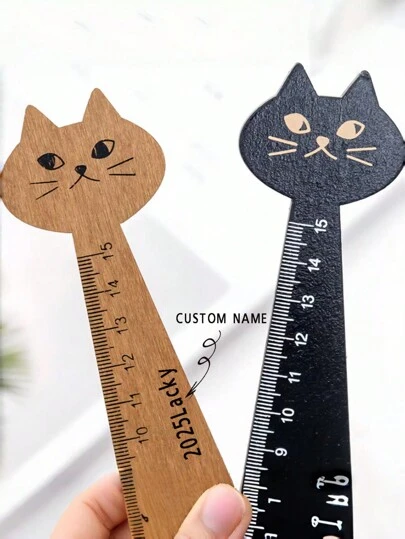 1pc Customized Name Creative Cartoon Cat Ruler Cute Wooden Ruler, Vintage Stationery Straight Ruler, Study Supplies, School Supplies, Gifts For Kid