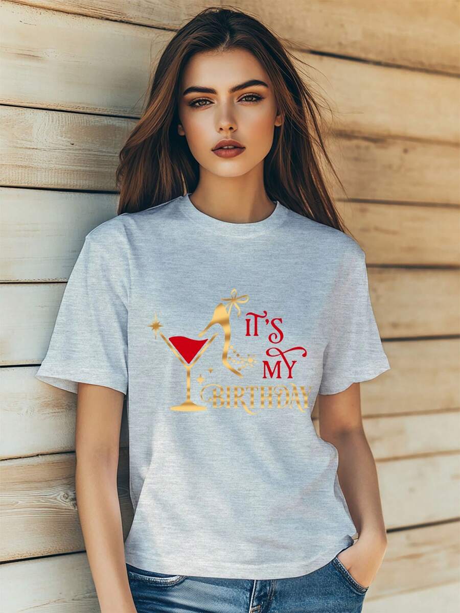 Women's  High Heeled Red Wine Alphabet Sexy Print T-Shirt Fashion Short Sleeve Round-Neck Slm Fit Tops Summer Casual Streetwear