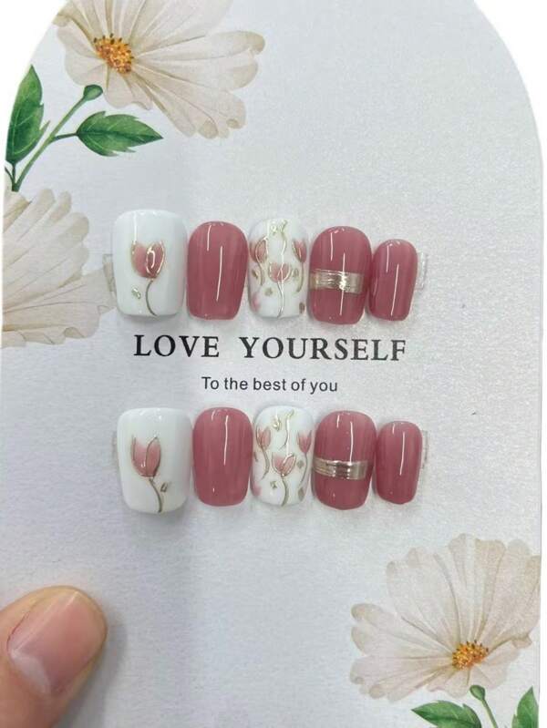10Pcs Handmade Square Press-On Nail Art Nails, Featuring A Pastel Color Scheme With Delicate Floral Patterns On White Nail Tips, Looking Lively And Elegant. Adorned With Golden Lines, They Add A Touch Of Sophistication And Luxury. Removable And Reusable, They Are Suitable For Women Of Different Styles For Everyday Use.