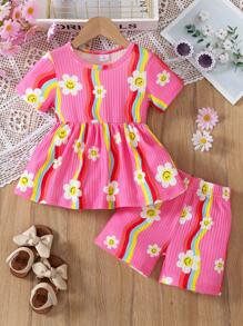 2 Pieces Young Girls Casual Striped Smiling Flower Rainbow Print Short Sleeve Round Neck Top And Shorts Set, Daily/Outdoor/Sports, Spring/Summer - Multicolor - View 1