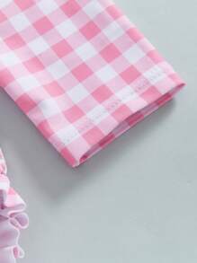 Traje de baño Rash Guard para niñas pequeñas con gorro, conjunto de 2 piezas, estampado a cuadros, con cremallera, manga larga, cuello redondo, trajes de baño para niñas pequeñas - rosa brillante - Ver 5