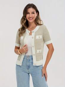 Women's Summer Knit Tops Contrast Color Pearl Button Short Sleeve Round Neck Sweater Cardigans - Khaki - View 5