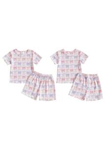 Toddler Girls Ribbed Shorts Set Bow/Heart Print Short Sleeve Round Neck Tops Elastic Waistband Shorts - 紫色 - 查看 2