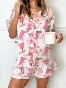 Women Cute Two Piece Pajama Set Y2K Goblet/Western Cowboy Boots/Bow Printed Short Sleeve Bow Tie Front Button Shirts Wide Leg Shorts Pjs Set Preppy Matching Lounge Sets Aesthetic Summer Casual Loungewear Martini Sleepwear Outfit - 藕粉色 - 查看 2