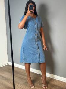 Women's Summer Short Sleeved Button Down Denim Shirt Dress, Vintage Denim Dress, Striped Dress - 中等水洗藍 - 查看 2