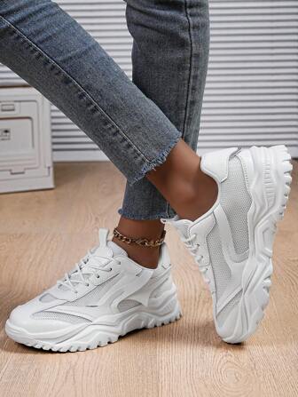Women's Lace-Up High-Top Colorblock Chunky Chunky Sneakers, Lightweight Breathable Student Running Shoes, Fashionable Casual Outdoor Sport Shoes