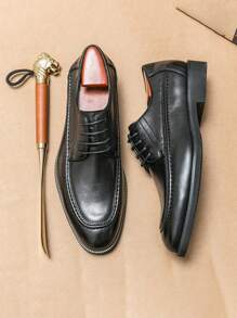 Men's Leather Shoes, 2025 New Style British Style Formal Business Casual Retro Versatile Lace-Up Wedding Shoes, Spring - Black - View 2