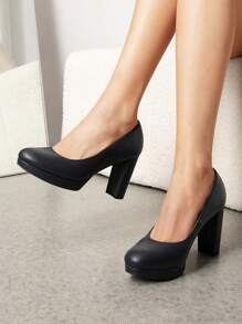 Women's Court Pumps Closed Round Toe Chunky High Heels Platform Work Elegant Comfortable Dress Shoes - 黑色 - 查看 1