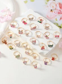 Bộ 26 chiếc nhẫn hợp kim kẽm có thể điều chỉnh dành cho trẻ em/bé gái, nhiều mẫu mã, trang sức trẻ em đeo hàng ngày, hóa trang, quà tặng sinh nhật, không hộp - Nhiều màu - Xem 4