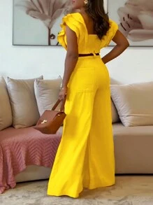 2 Piece Sqaure Neck Flutter Sleeve Shirred Top High Waist Wide Leg Pants Elegant Pants Set