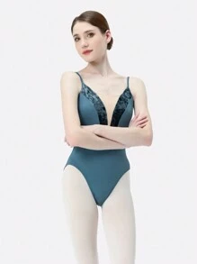 DonsGirl 1pc Women's Ballet Leotard - Velvet Patchwork V-Neck High Slit Design, Professional Gymnastics And Figure Skating Performance Wear - Blue - View 4