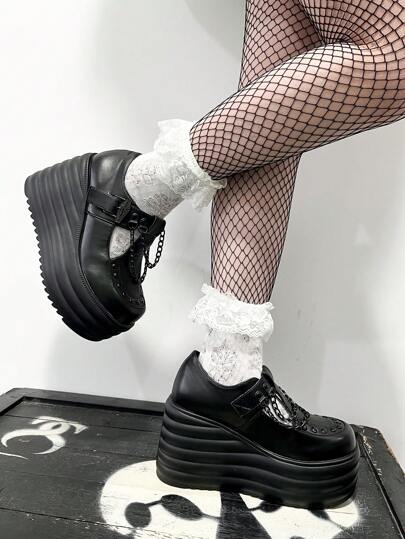 Y2k 朋克风格黑色高跟链饰玛丽珍厚底女鞋，楔跟厚底，适合女学生和哥特娃娃
