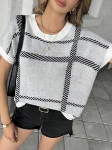 Knit Mix Loose Casual Women Pullover Sweater, Plaid Pattern Round Neck Oversized Knitted Top, Commuting Style (Random Stripes) - White - View 6