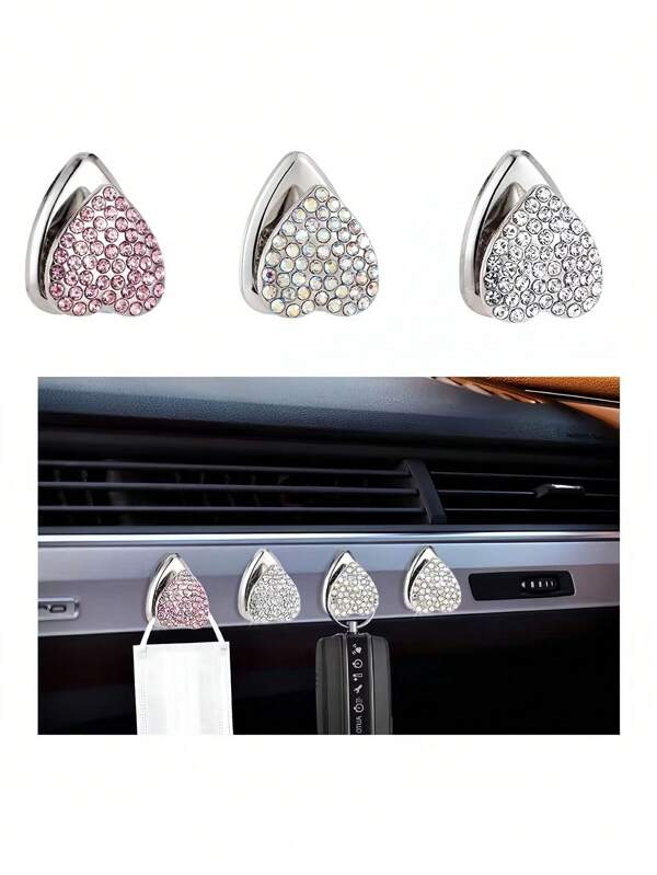 1-2 قطعة من شماعات السيارة الصغيرة المزينة بالألوان المتعددة على شكل قلب من الراين, ملحقات بقاعدة لاصقة من سبائك الراين