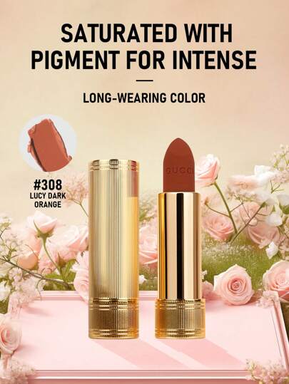  Gucci哑光唇膏308 Lucy深橘色 3.5克/0.12盎司 | 奢华哑光或缎光妆效唇膏 | 柔滑舒适的配方 | 高显色度，打造浓郁饱满的色彩 | 保湿配方，令双唇柔软水润 | 持久不拔干，不易沾杯