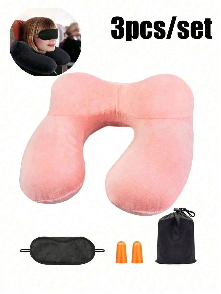 Eye Mask, Earplugs, Anti-Noise And Anti-Brightness Neck Pillow Travel Pillow Compact Neck Pillow Ergonomic Headrest With Velvety Soft Washable Cover For Camping, Travel, Plane, Train, Car, Office - Pink - View 1