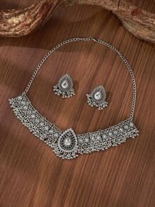 1 件复古风格闪亮宝石孔雀翼吊坠项链和 1 对配套宝石耳环，女士夸张珠宝套装 - 首飾套裝 - 查看 6